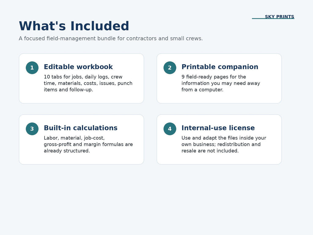 Contractor Jobsite Tracker included workbook printable companion calculations and license
