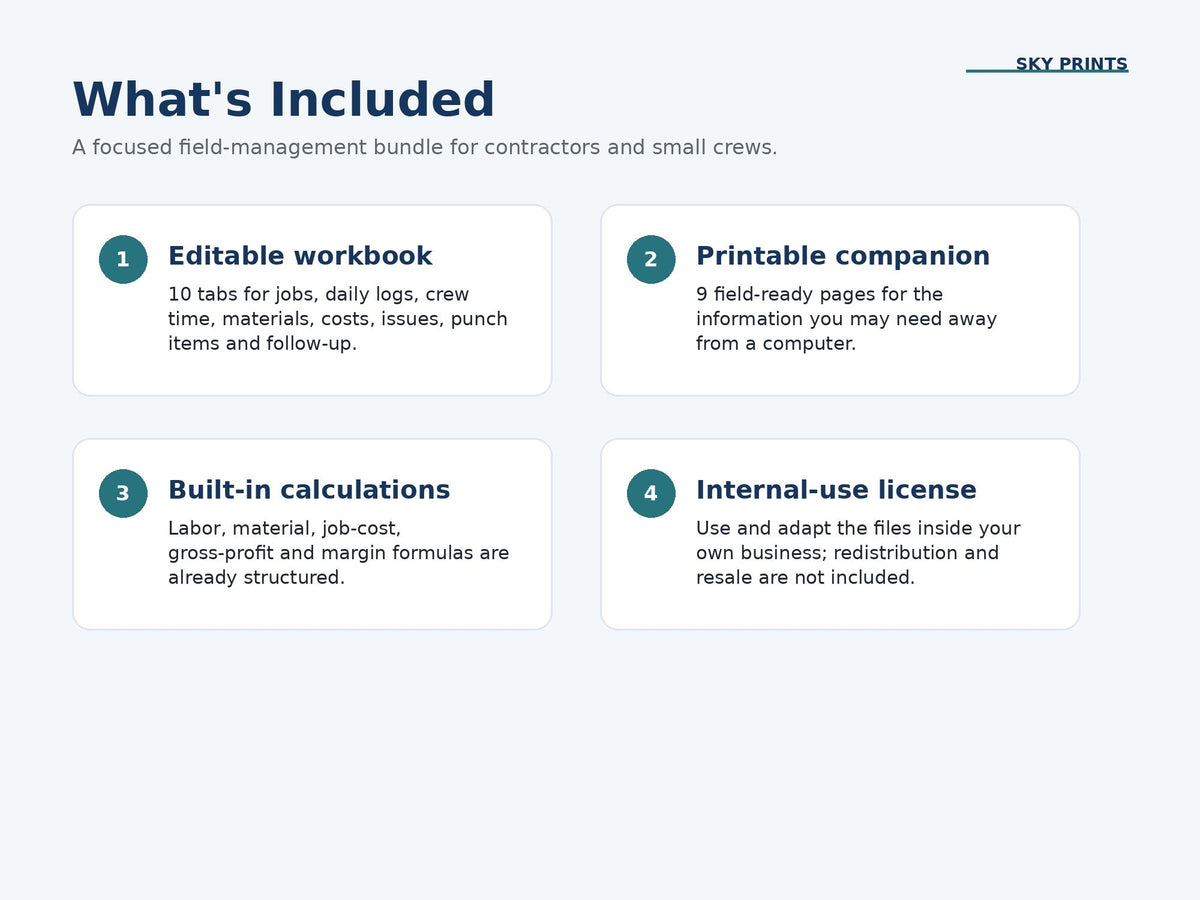 Contractor Jobsite Tracker included workbook printable companion calculations and license