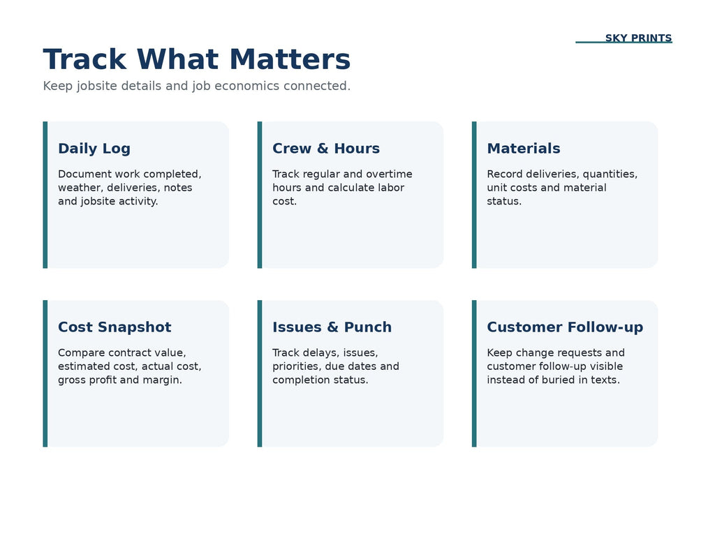Contractor Jobsite Tracker features daily log crew hours materials costs issues and customer follow-up