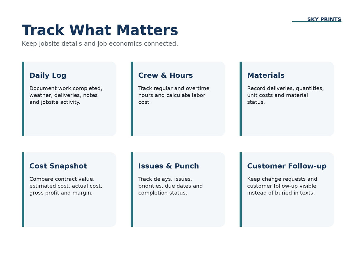Contractor Jobsite Tracker features daily log crew hours materials costs issues and customer follow-up