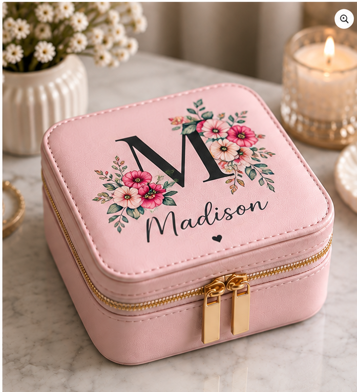 Personalized double zipper jewelry box in pink with full-color UV printed design