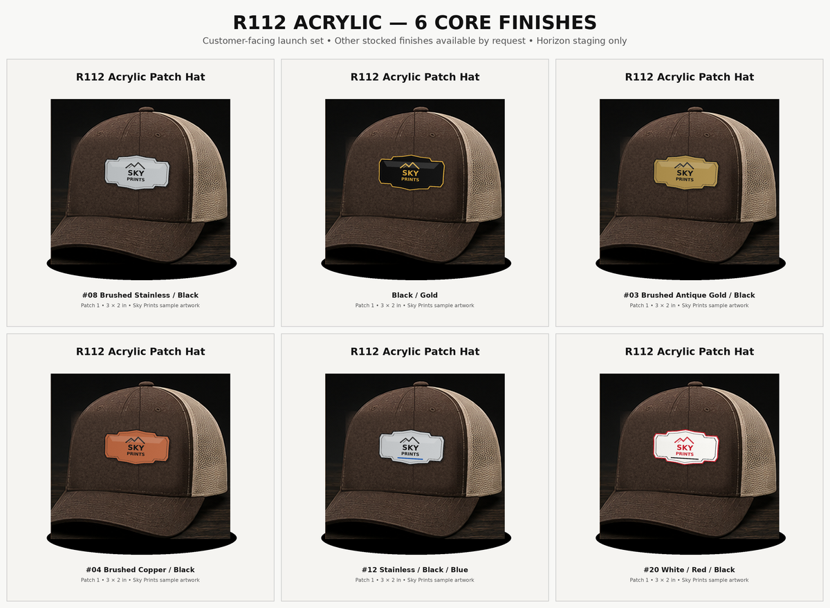 Richardson 112 acrylic patch hat six core finish mockups