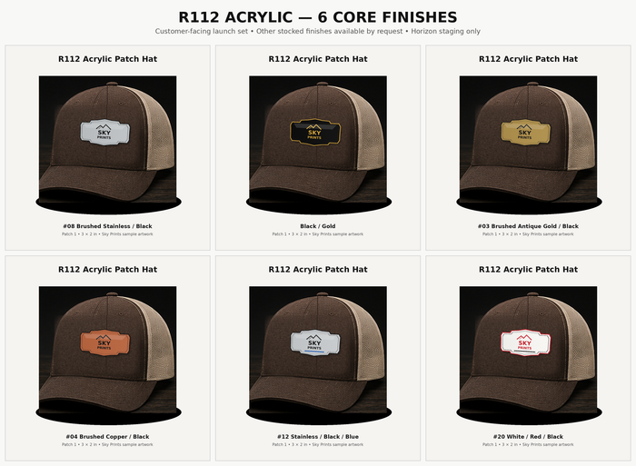 Richardson 112 acrylic patch hat six core finish mockups