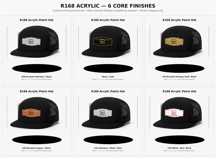 Richardson 168 seven-panel acrylic patch hat six core finish mockups