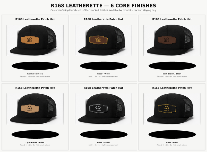 Richardson 168 seven-panel leatherette patch hat six core finish mockups