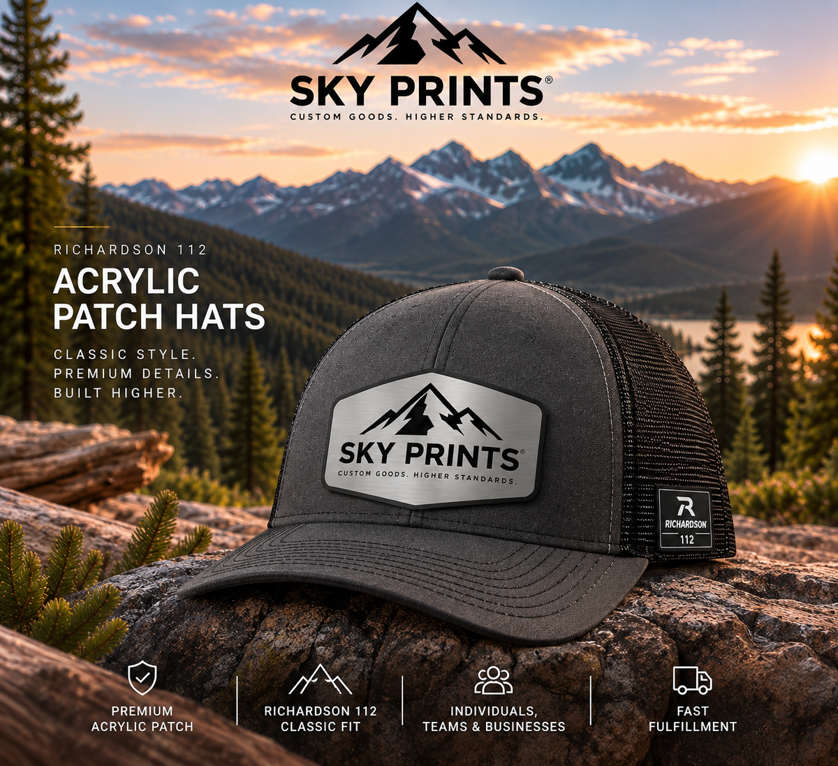 Richardson 112 acrylic patch hat with Sky Prints brushed silver acrylic patch in mountain scenery