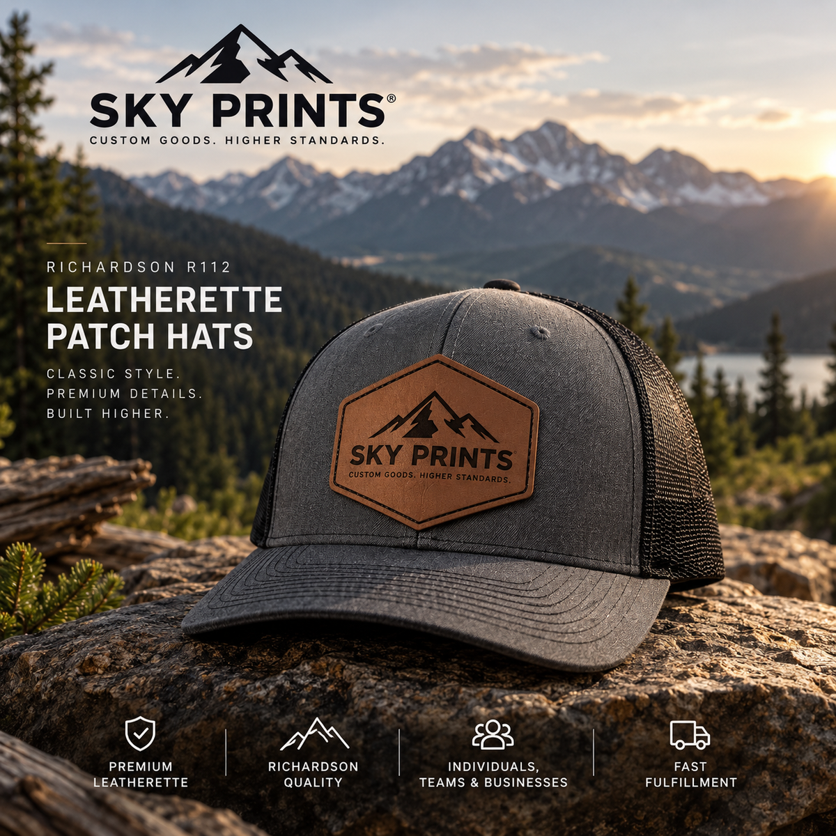 Richardson 112 leatherette patch hat with Sky Prints engraved rawhide patch in mountain scenery