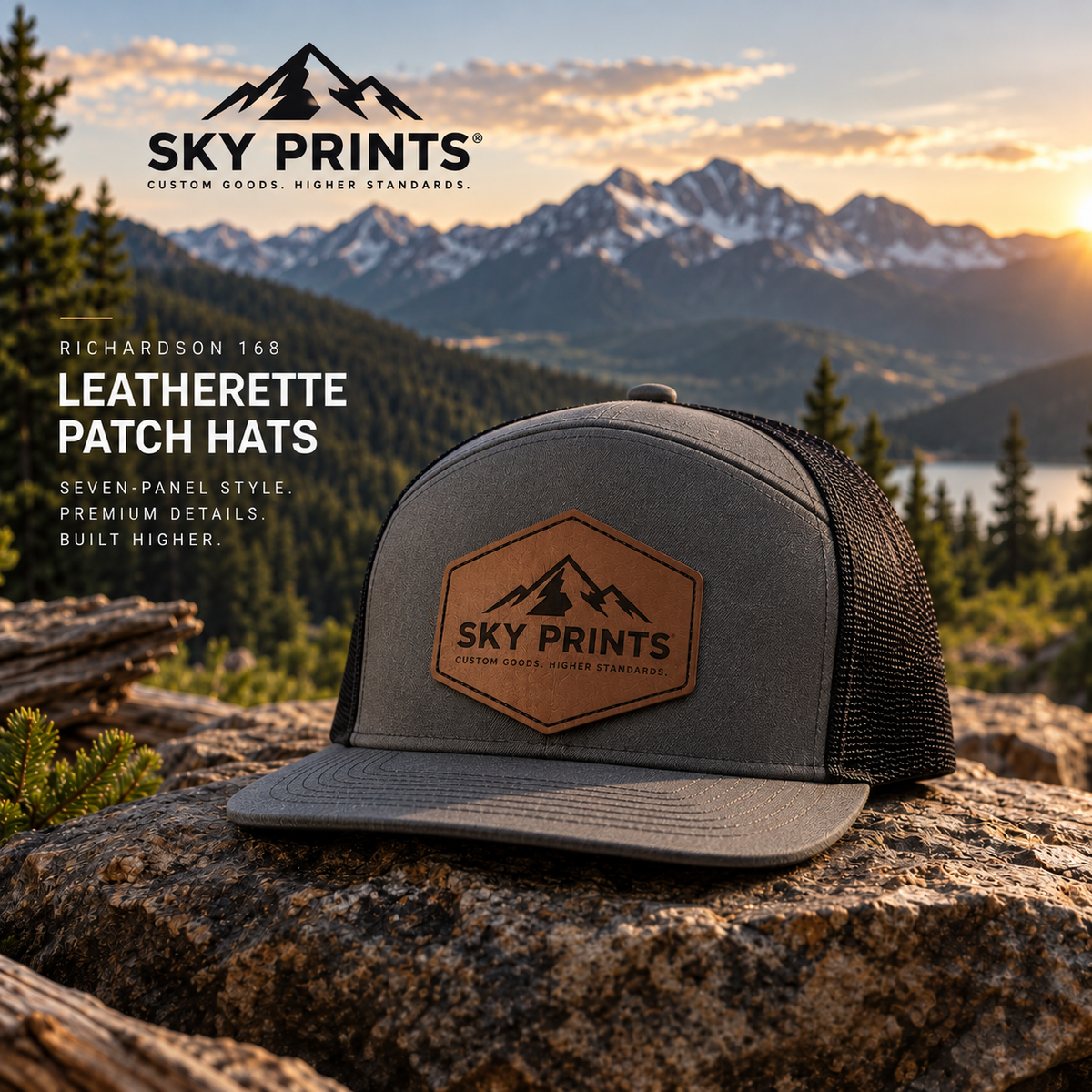 Richardson 168 seven-panel leatherette patch hat with Sky Prints rawhide patch in mountain scenery