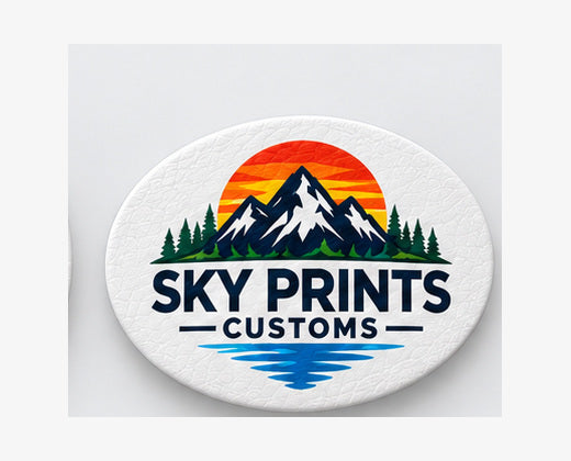Oval full-color UV patch on white leatherette