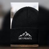 Sportsman SP08 black custom embroidered beanie with Sky Prints logo