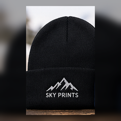 Sportsman SP08 black custom embroidered beanie with Sky Prints logo