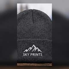 Sportsman SP08 charcoal heather custom embroidered beanie with Sky Prints logo