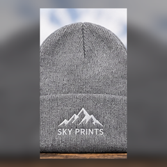 Sportsman SP08 heather grey custom embroidered beanie with Sky Prints logo