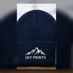 Sportsman SP08 navy custom embroidered beanie with Sky Prints logo