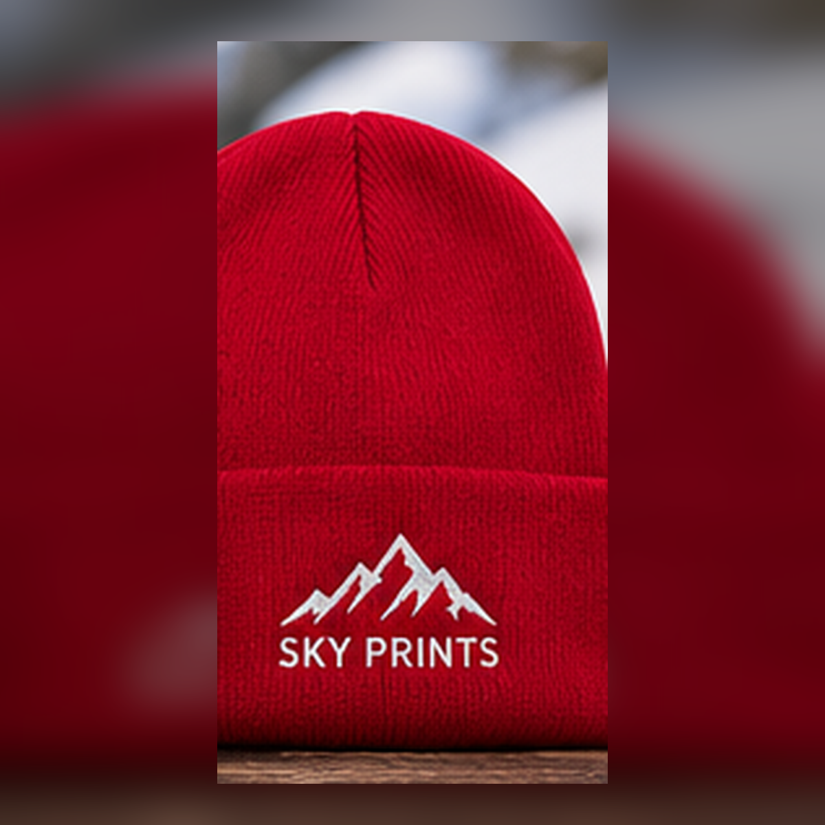 Sportsman SP08 red custom embroidered beanie with Sky Prints logo