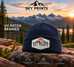 Sportsman SP08 full-color UV leatherette patch beanie with Sky Prints mountain artwork