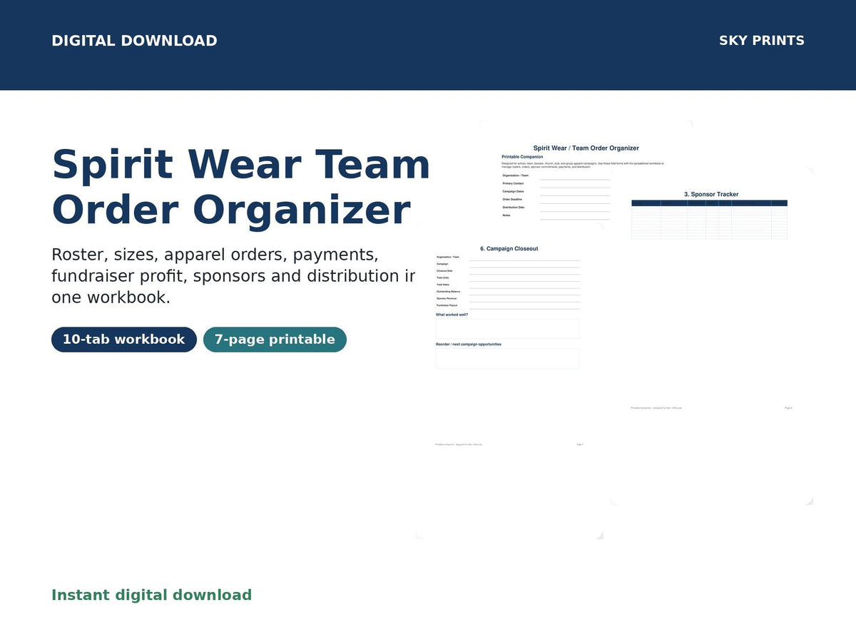 Spirit Wear Team Order Organizer digital download cover