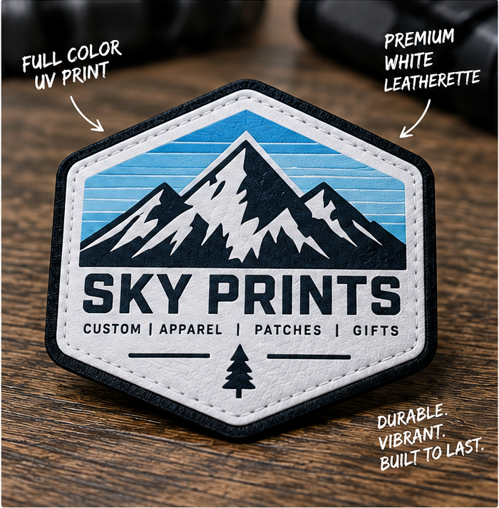 Sky Prints full-color UV patch on white leatherette hero